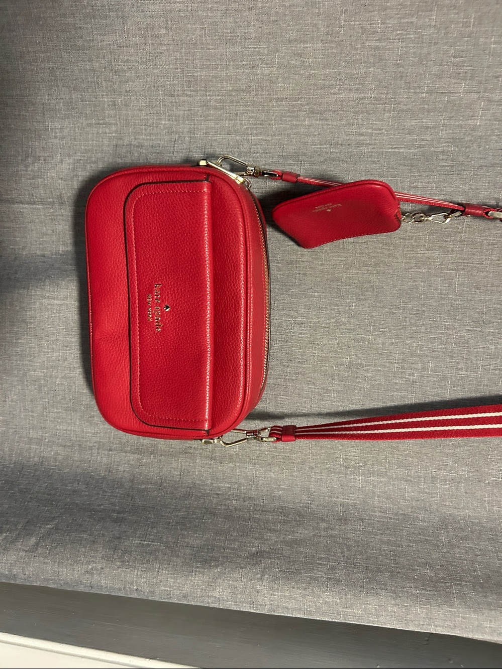 kate spade Raspberry Pebbled Leather Crossbody with Striped Strap - Picture 7 of 13